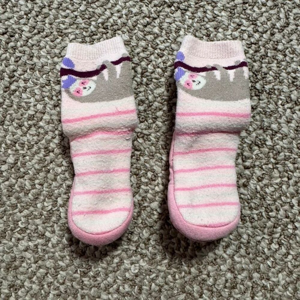 Baby Girl Sloth Slipper Socks Non-Slip Grip Sole Pink Stripe 6-12 Months